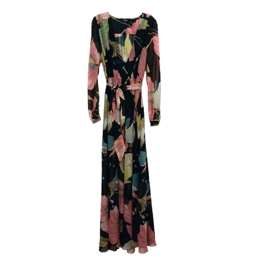 Anthropologie Aakaa Formal Maxi Dress Sz Small BLACK PINK Floral Wedding Elegant - Picture 4 of 15